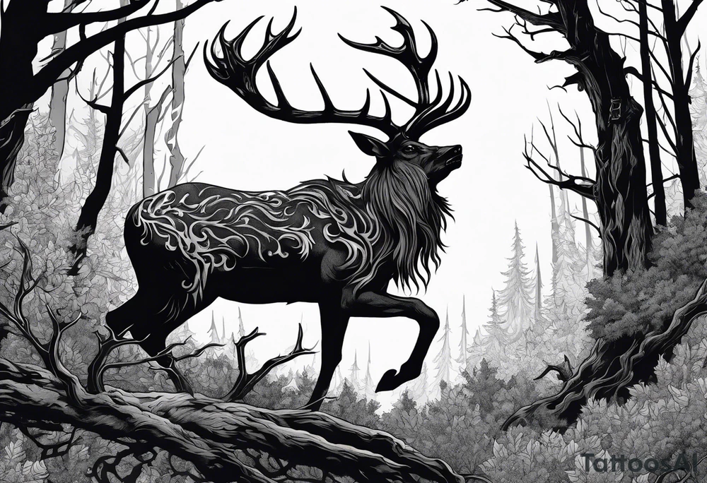 A spooky dead lore accurate wendigo side profile surrounded by a forest fire in background tattoo idea