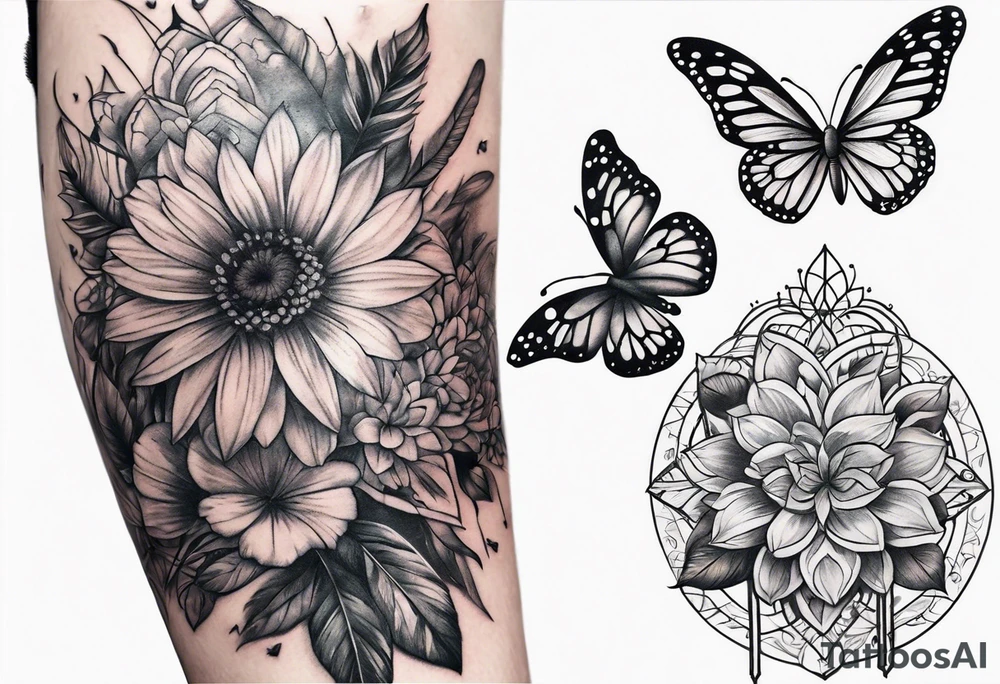 arm sleeve with dreamcatcher, rainbow flowers and one butterfly tattoo idea
