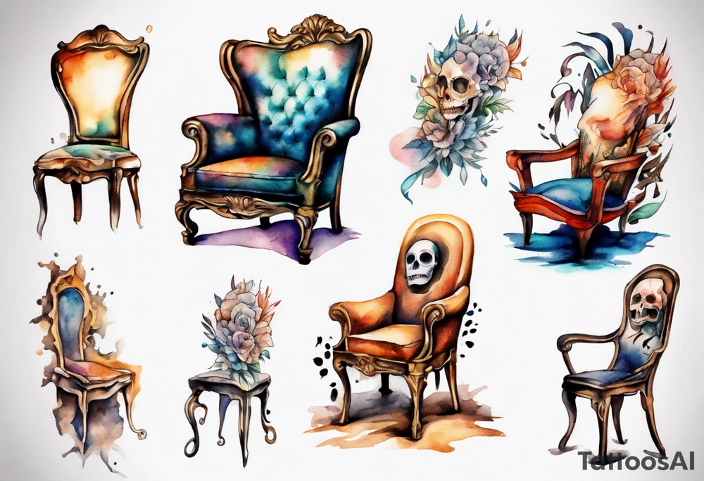 a chair with a face emerging from the back tattoo idea