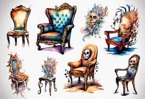 a chair with a face emerging from the back tattoo idea