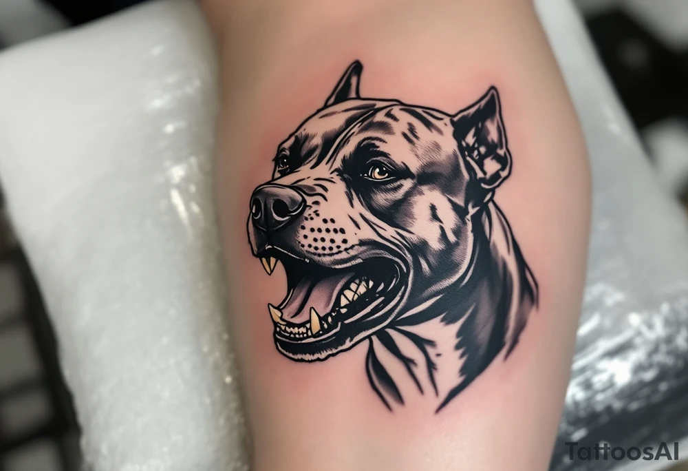 Realistic pitbull mid-snarl, in black and white with high contrast shading, mouth open, teeth bared, symbolizing power and protection. tattoo idea