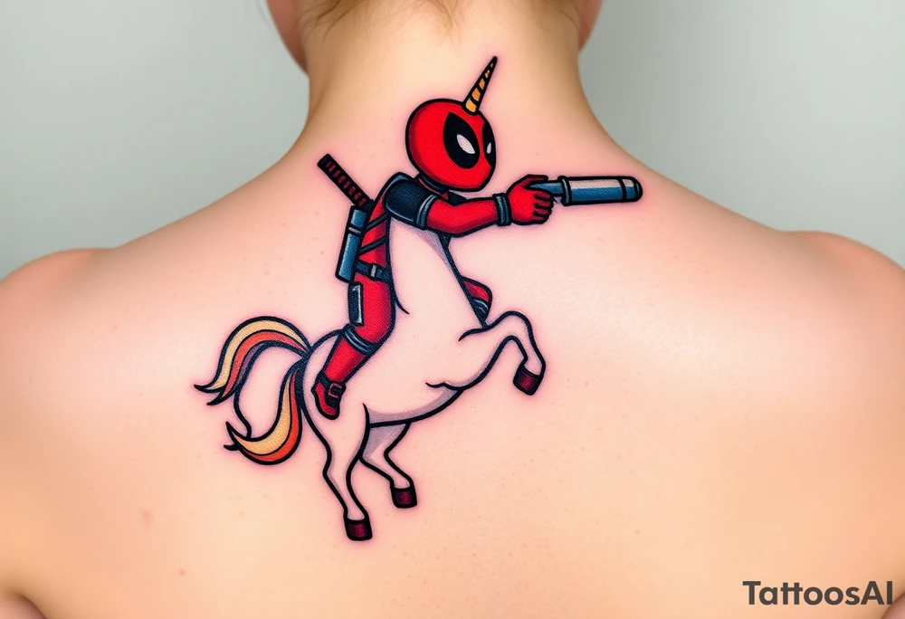 Deadpool riding unicorn pointing rocket propelled grenade launcher tattoo idea
