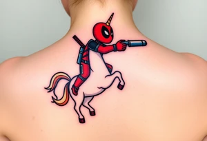 Deadpool riding unicorn pointing rocket propelled grenade launcher tattoo idea