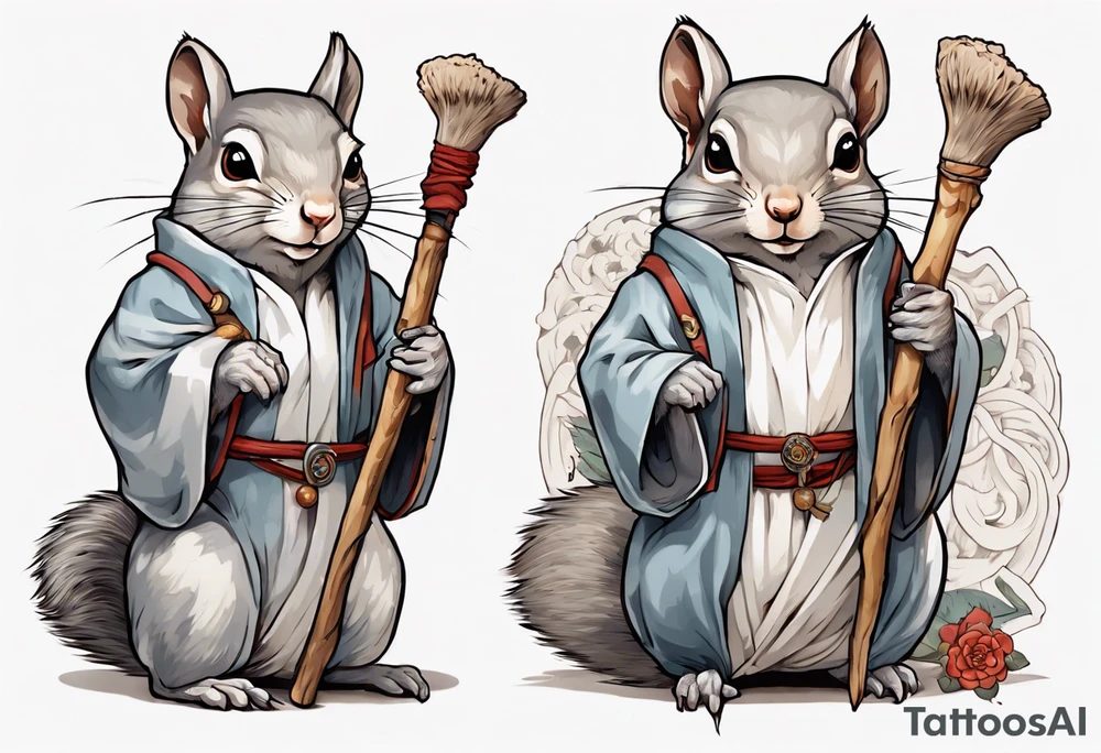 a grey squirrel dressed in a medieval tunic holding a large white stick tattoo idea