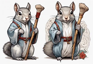 a grey squirrel dressed in a medieval tunic holding a large white stick tattoo idea