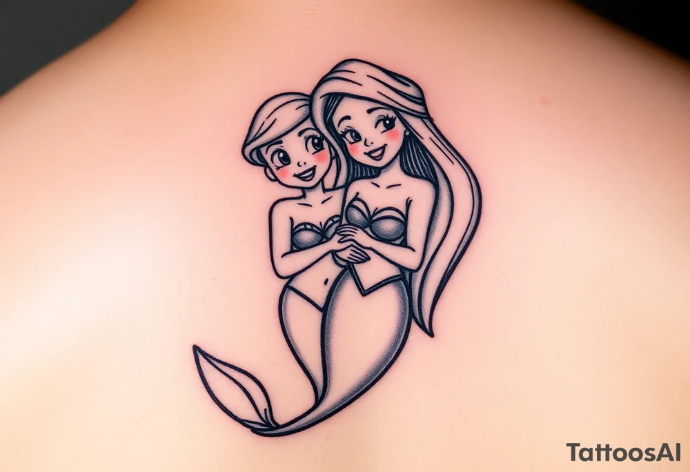 Ariel and Bell standing next to each other, smilling tattoo idea