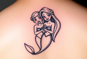 Ariel and Bell standing next to each other, smilling tattoo idea