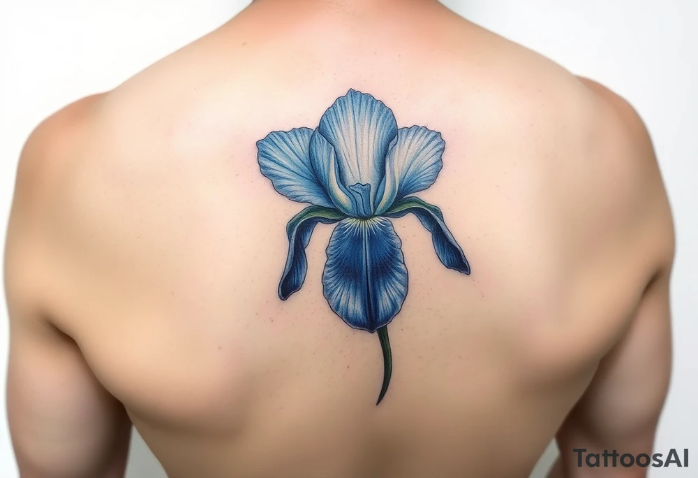Single blue iris flower in the style of Van Gogh. One petal falling and one upright. tattoo idea