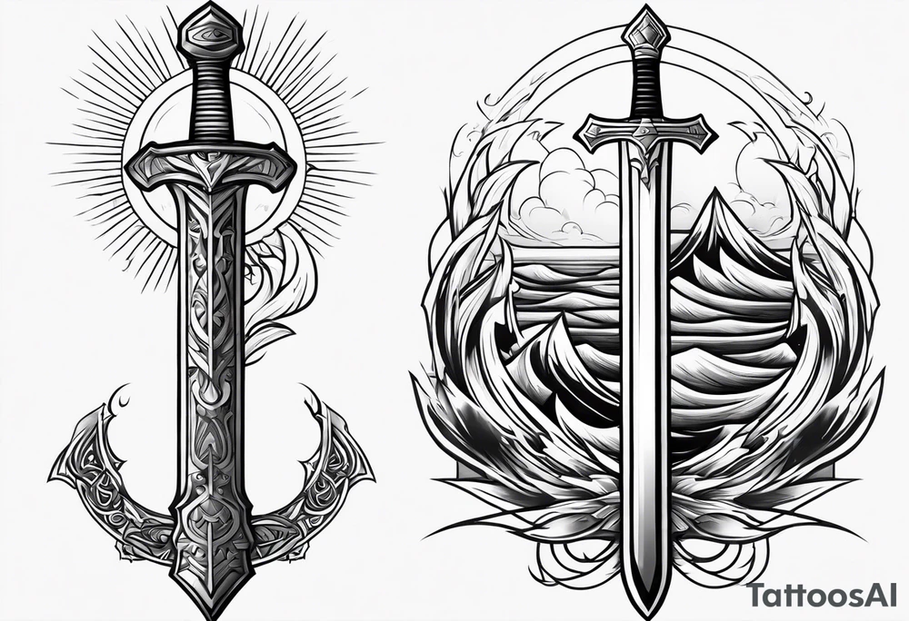 sword, wave, lightnin tattoo idea
