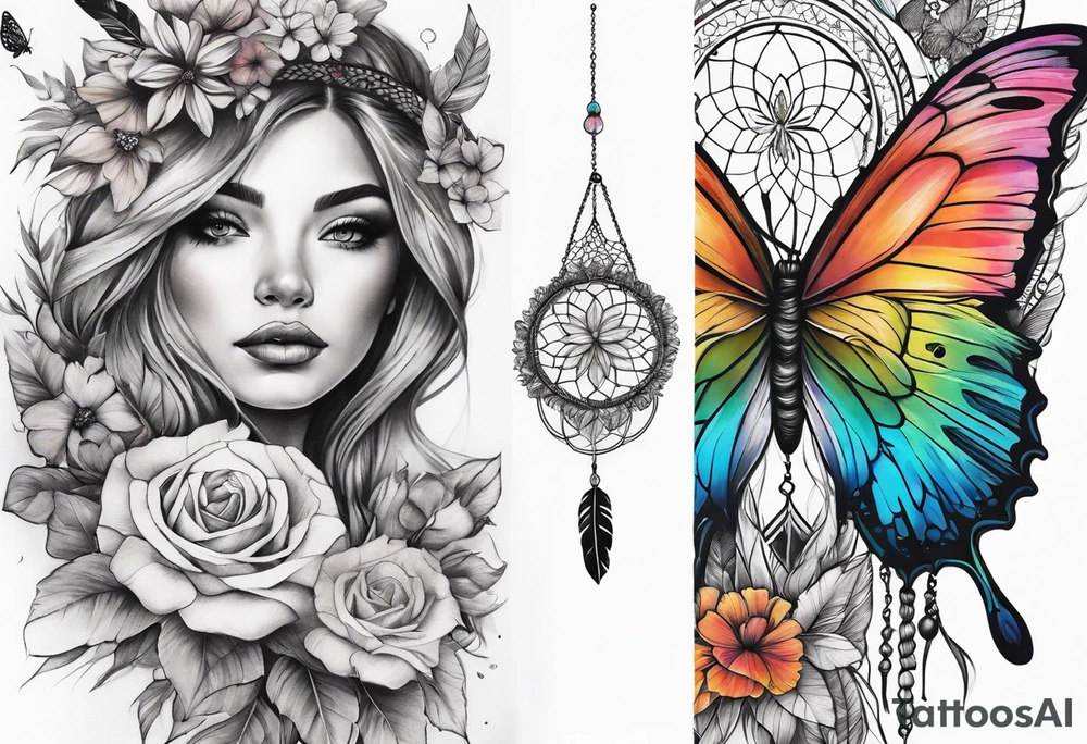 arm sleeve with dreamcatcher, rainbow flowers and one butterfly tattoo idea