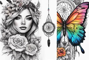 arm sleeve with dreamcatcher, rainbow flowers and one butterfly tattoo idea