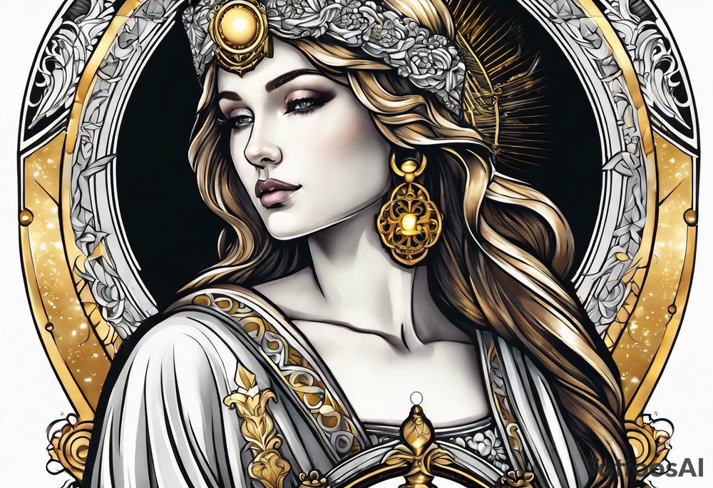 woman saint holding chalice surrounded by golden halo tattoo idea