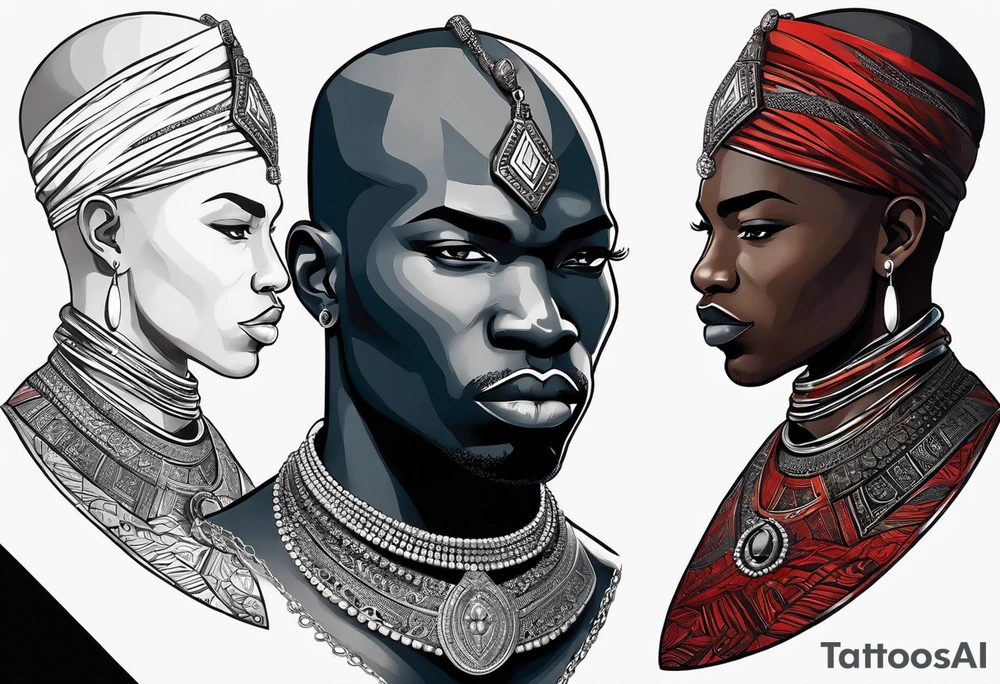 Black-skinned bald african warrior. He wears a simple and small silver crown. He uses two simple necklaces: one blue, other red. tattoo idea
