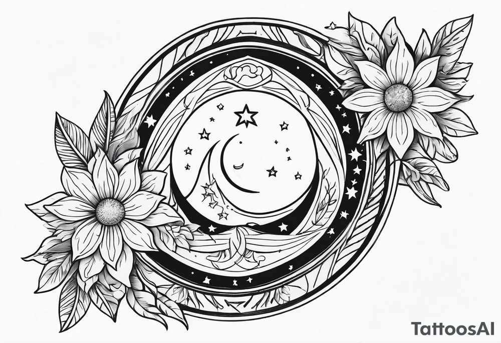 Western floral with sun stars and moon. Mirrored tattoo idea