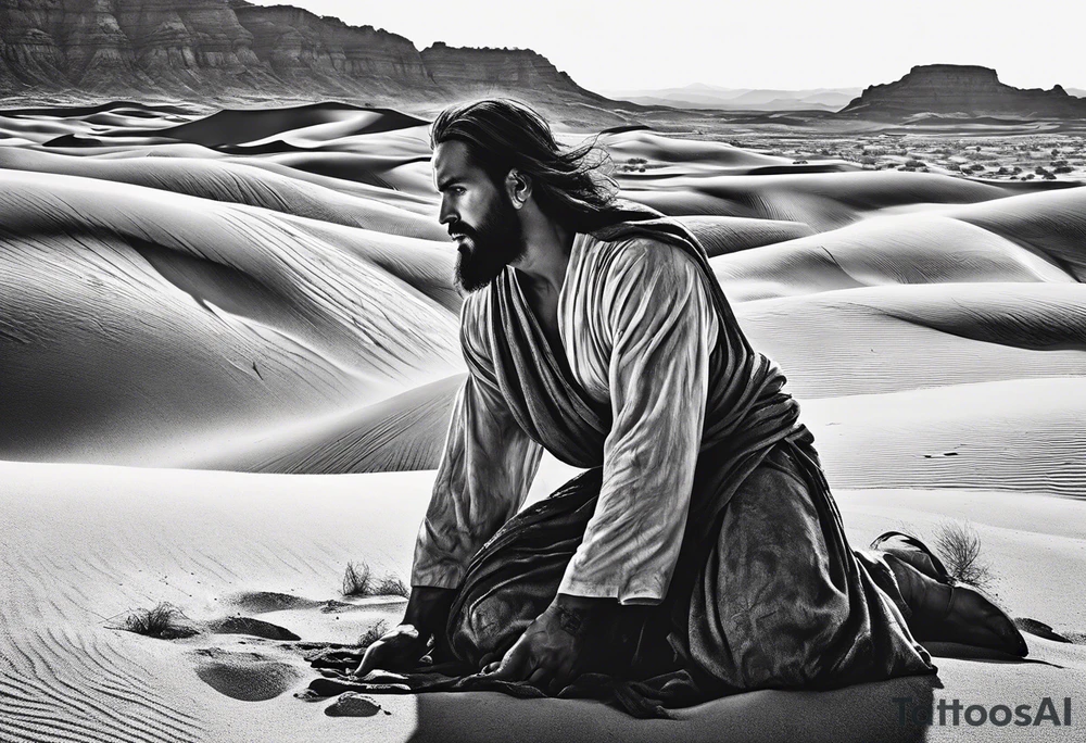 man crawling in a desert reaching to the cross of Christ tattoo idea