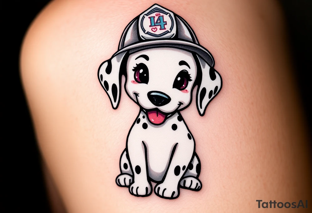 A Dalmatian wearing a firefighter’s helmet, sitting proudly with a playful yet heroic expression, in realistic black and white tones. tattoo idea