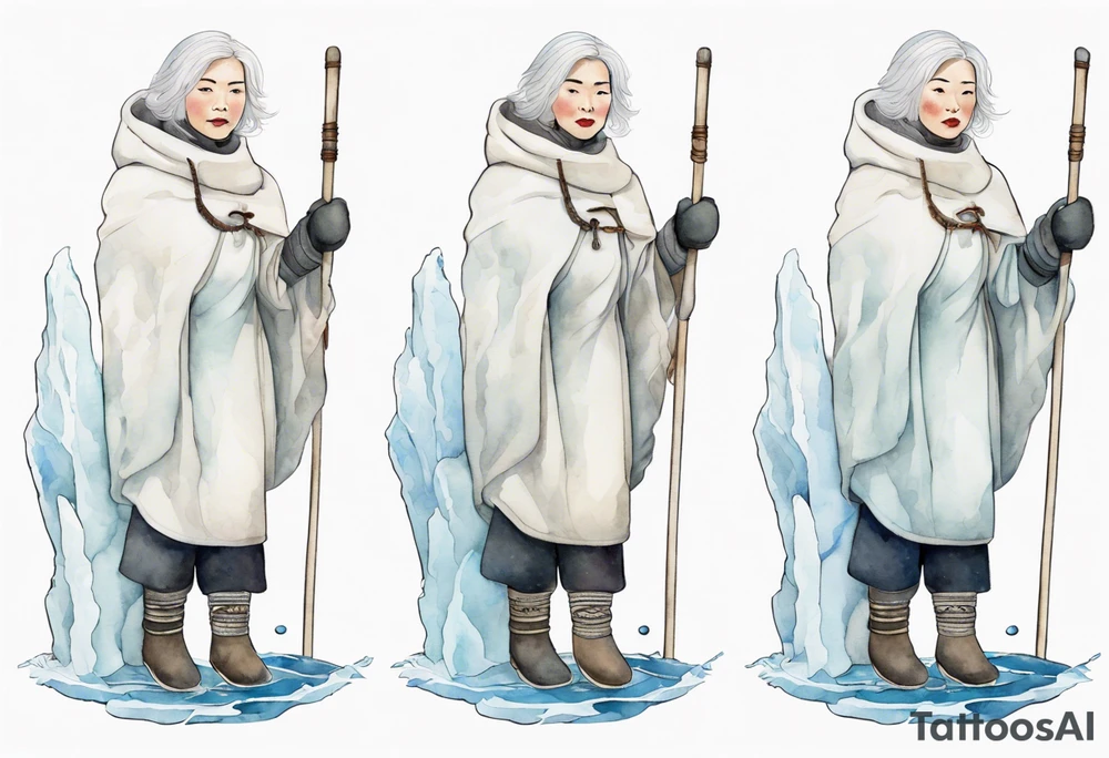 a middle aged Inuit woman with white hair, wearing mittens, wearing a white cloak, holding a white staff, wearing mukluks, standing on an iceberg in the sea tattoo idea