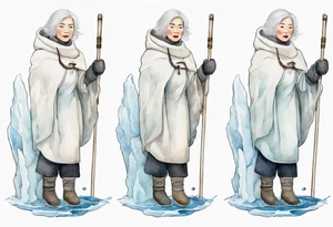 a middle aged Inuit woman with white hair, wearing mittens, wearing a white cloak, holding a white staff, wearing mukluks, standing on an iceberg in the sea tattoo idea