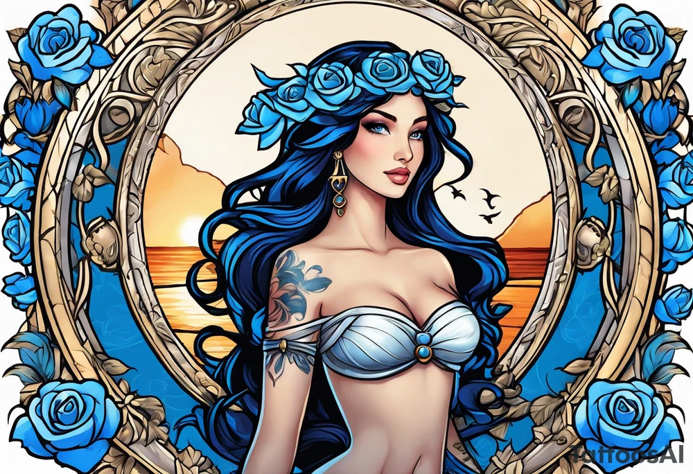 Aphrodite is the goddess of love, with a seaside background, surrounded by birds.. blue roses frames, background blue,present it in a tattoo, black hair, love motives tattoo idea