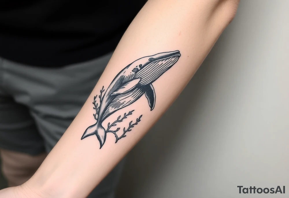 Forearm design, size = most of forearm.   Illustrative B/W with mix of heavy and light linework, detail, shading and artistic styling.   Humpback whale that is breaching.  Kelp underwater framing whale as it emerges. tattoo idea