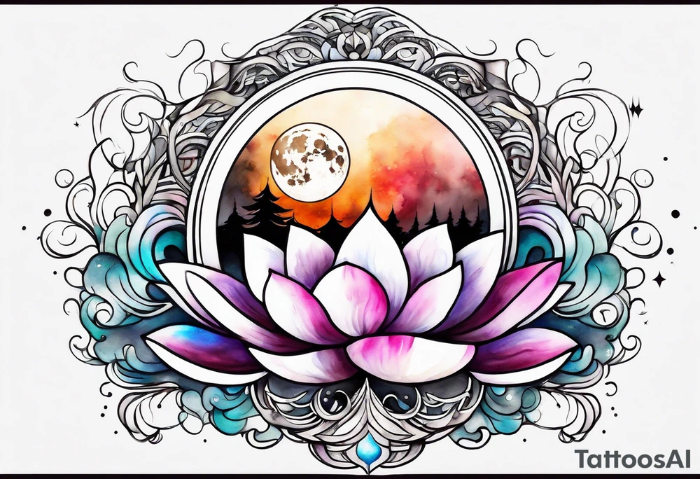 Moon surrounded by ribbons of smoke that dissolve into a lotus tattoo idea