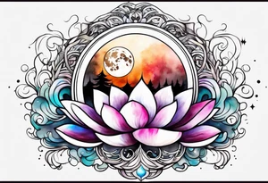 Moon surrounded by ribbons of smoke that dissolve into a lotus tattoo idea