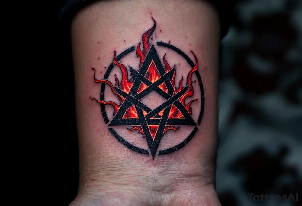 A blackened inverted pentagram with deep crimson flames, surrounded by ancient runes glowing in dark red. tattoo idea