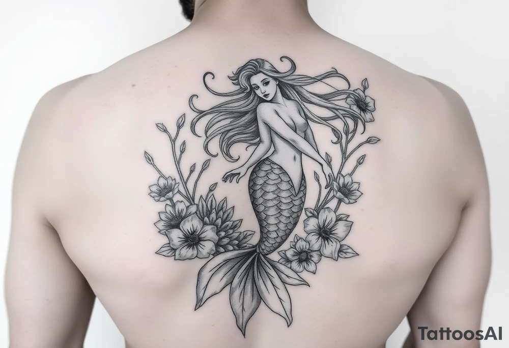 ethereal mermaid with flowing hair among coral and sea flowers tattoo idea