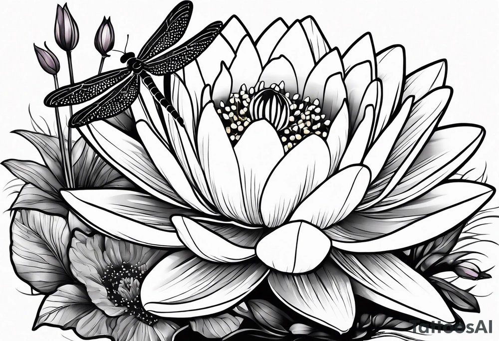 Water Lily, dragonfly, bee, Lily of the valley, lavender, Peony, lady bug tattoo idea