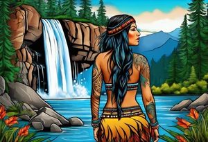 A native American Indian woman by a waterfall she is Aquarius water barrer she has tattoos and her eyes can see right through you tattoo idea