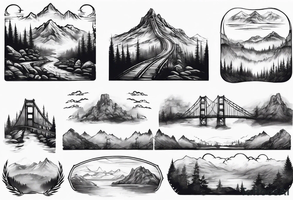 goledn gate bridge and mountain landscape with fog rolling in tattoo idea