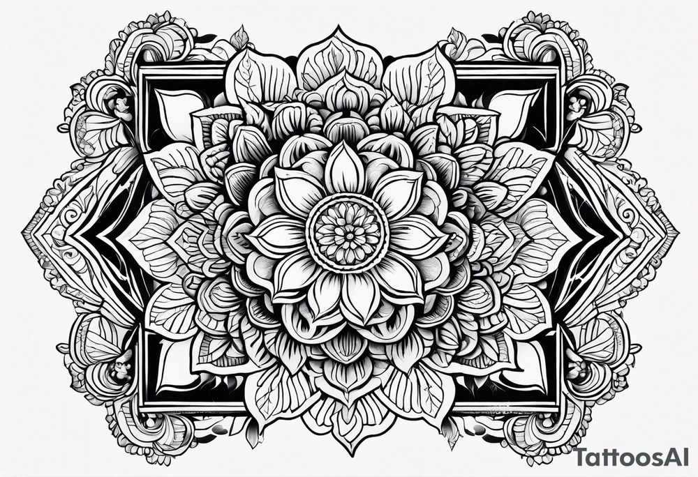 Mirrored style. Mexican flower mandala design minimalist fine line tattoo idea