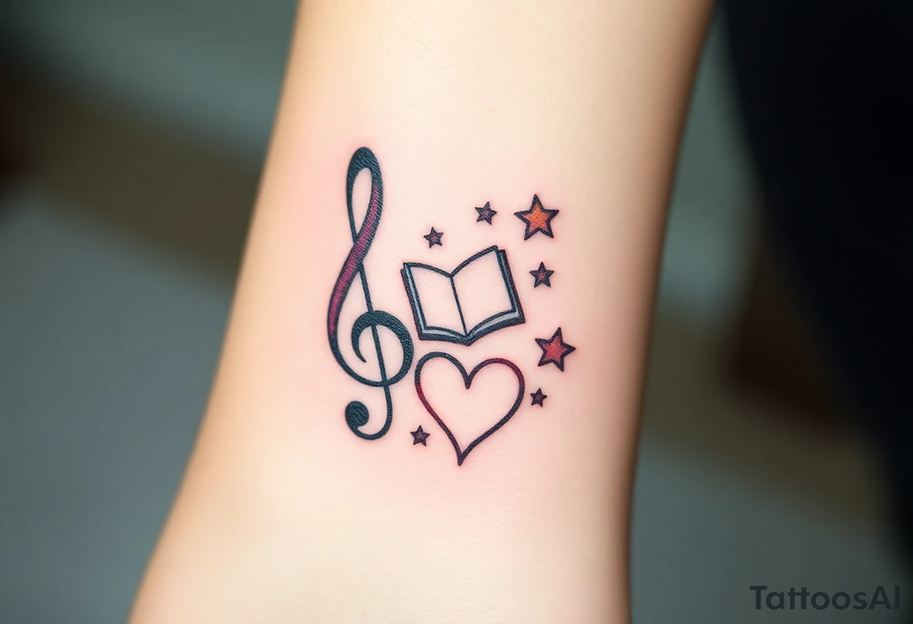 A swirl containing the Treble clef, Bass clef, book, dog paw, star, psyduck, heart tattoo idea