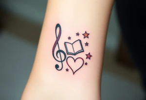 A swirl containing the Treble clef, Bass clef, book, dog paw, star, psyduck, heart tattoo idea
