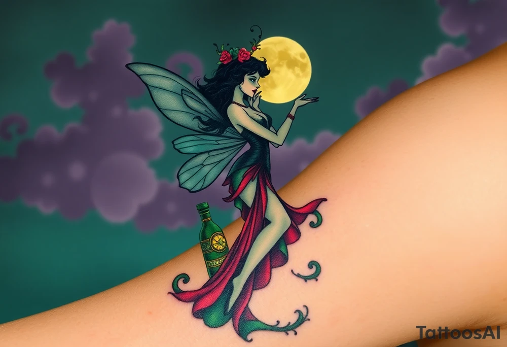 Tim Burton’s pin up style Vintage Parisian elegant and beautiful yet eerie full body absinthe Green Fairy dances outside her victorian crystal decatur absinthe bottle Absinthe Art Nouveau   and dripping with muted reds, dusty pinks, and eerie green glow.purple and cyan smokey clouds swirl in the crescent moonlit sky thats sprinkled with stars tattoo idea
