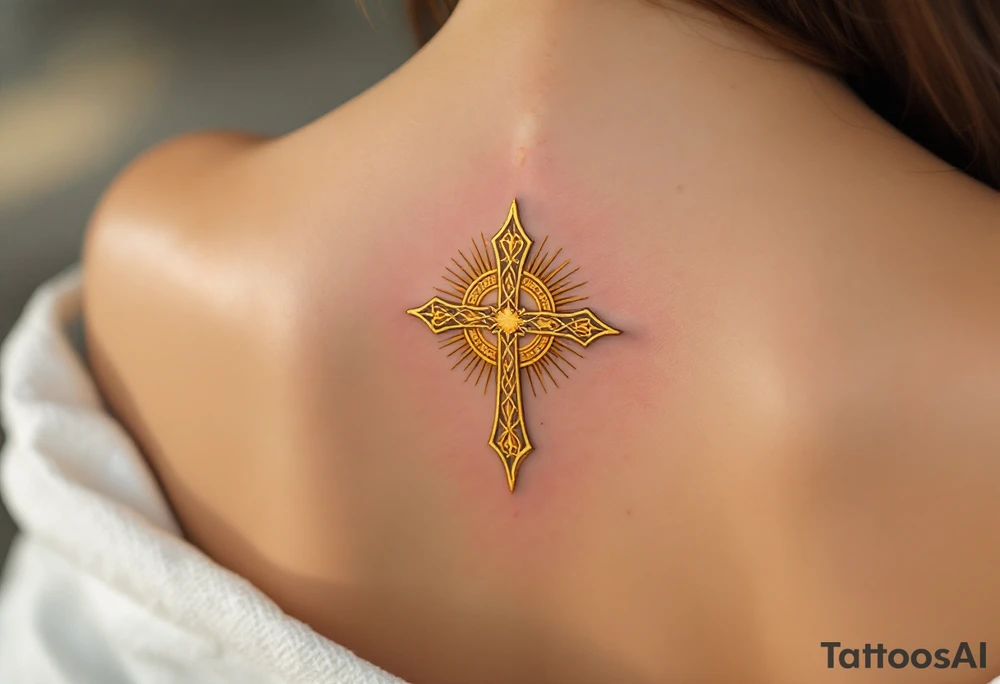 A golden Celtic cross with a radiant sunburst behind it, symbolizing enlightenment and spiritual awakening. tattoo idea