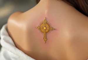 A golden Celtic cross with a radiant sunburst behind it, symbolizing enlightenment and spiritual awakening. tattoo idea