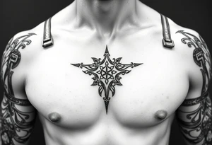 straps around arms and shouldrs with tribal design tattoo idea