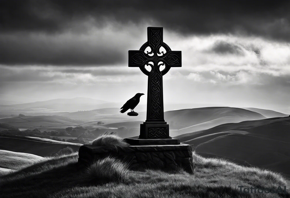 A monochromatic scene of a stone Celtic cross standing tall against a windswept hill. The intricate designs etched into the cross are starkly contrasted against its weathered, black surface. At the arm of the cross, a large raven perches elegantly, its ebony feathers seemingly absorbing the light. The bird's piercing eyes are fixed on something beyond the viewer's sight, lending an air of mystery to the already enigmatic monument. The surrounding landscape is desolate and barren, with the occasional tuft of brown grass struggling to survive the harsh elements. A veil of fog hovers just above the ground, adding to the eerie atmosphere and further isolating the cross from the world around it. The image evokes a sense of timelessness and the enduring strength of Celtic heritage, even in the face of the relentless march of time. tattoo idea