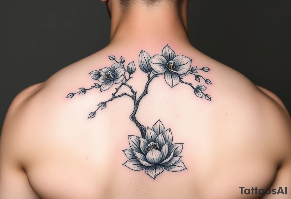 Orchid or cherry blossom tree and lotus tattoo idea