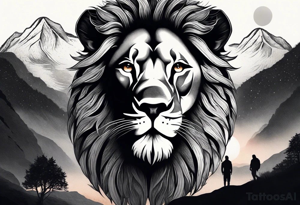 Tattoo in the shape of a lion head with a father and son in the mountains with  a waterfall and cross in the background and a sunset inside of it tattoo idea