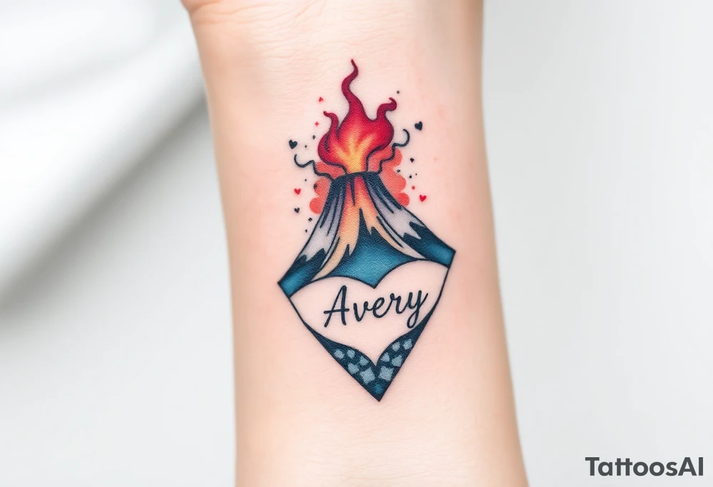 Female Geometric Volcano tattoo erupting in a heart with text Avery tattoo idea