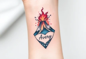 Female Geometric Volcano tattoo erupting in a heart with text Avery tattoo idea