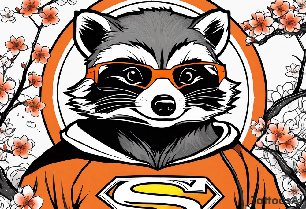 Raccoon wearing a white Superman logo on a black hoodie and orange Japanese cherry blossoms tattoo idea