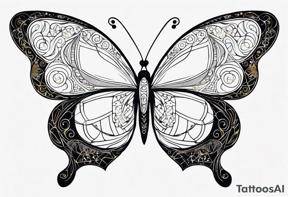 Simple butterfly silhouette with Gustav Klimt’s gold accents and intricate patterns, delicate line work with geometric shapes subtly woven into the wings. tattoo idea