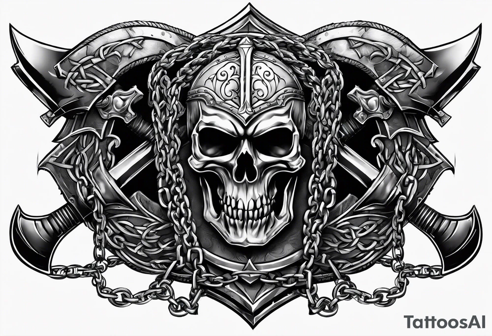 Valhalla sword shield axe barbed wire chains dark cloud tattoo idea