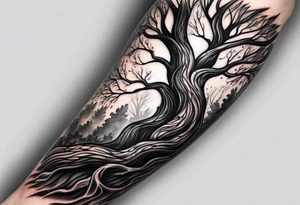 Half sleeve, tree bark growing through skin tattoo idea