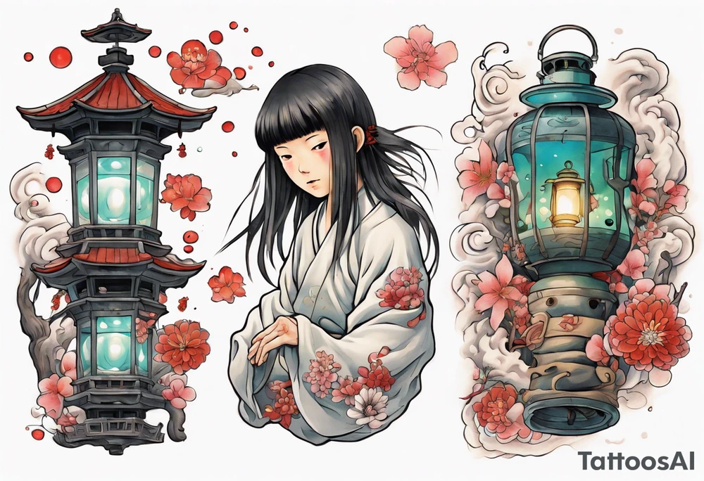 spirited away sleeve, chihiro uchigo, lanterns, blossoms, spirits, sen, tattoo idea