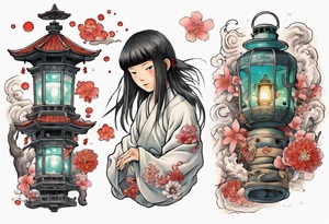 spirited away sleeve, chihiro uchigo, lanterns, blossoms, spirits, sen, tattoo idea