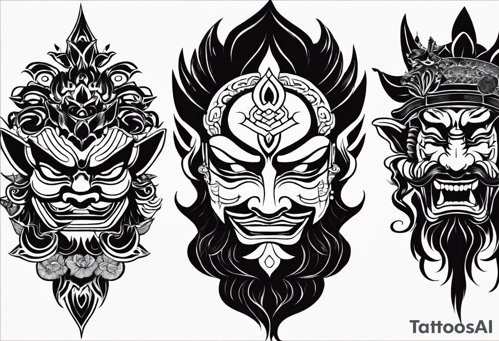 The Japanese say you have three faces. The first face, you show to the world. The second face, you show to your close friends and your family. The third face, you never show anyone.

make it for a chest piece and make it darker tattoo idea